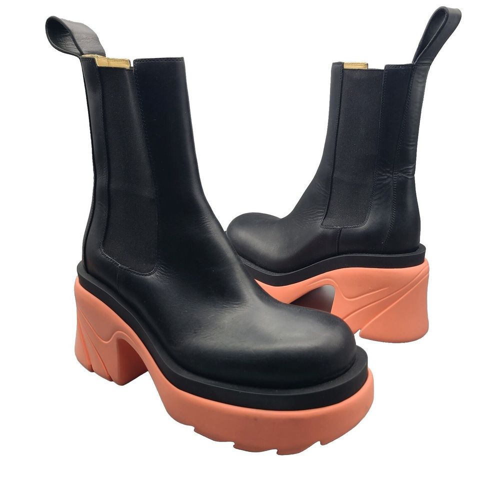 Bottega Veneta Boots Flash Black Leather Chelsea Pink Heels Platform 37.5/7.5